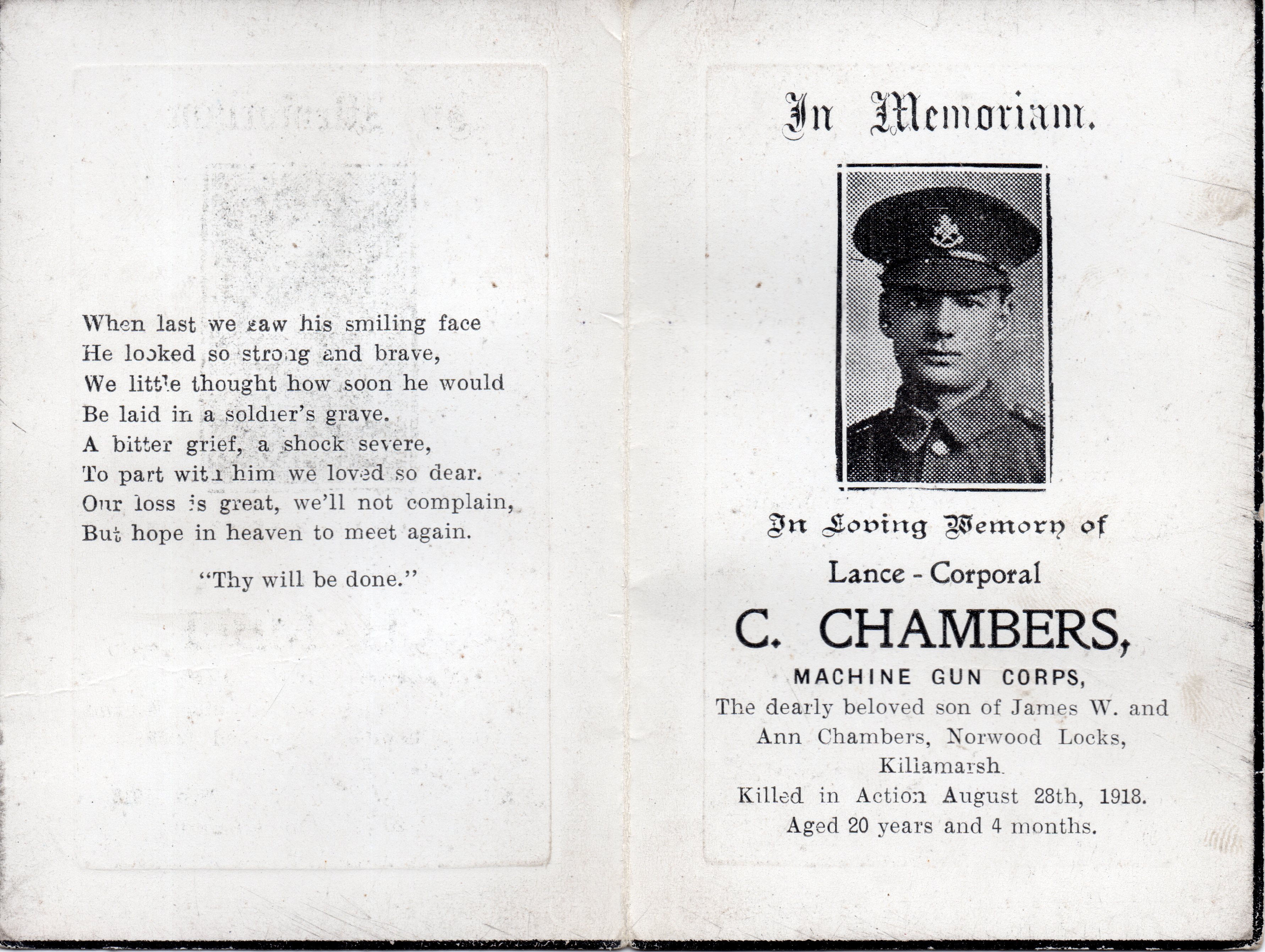 Charles Chamber's memorial card